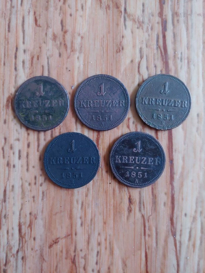 Лот 5 монет 1 крейцер 1851 год литеры А и В