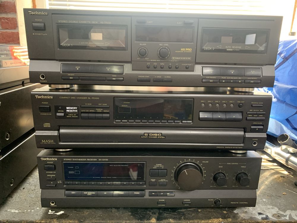 Wieża Technics, 6 elementów, gramofon, syntezator, wzmacniacz, radio