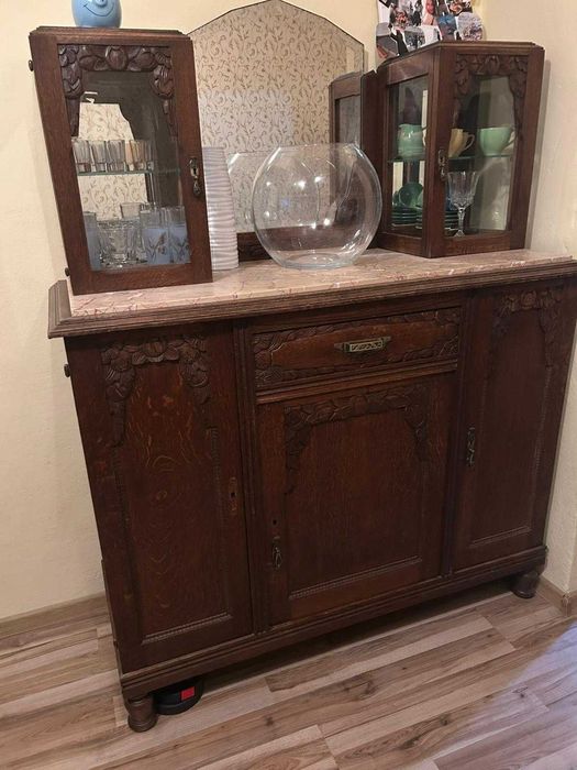 Piękny, dębowy,secesyjny komplet mebli jadalni - kredensy,stół,krzesła