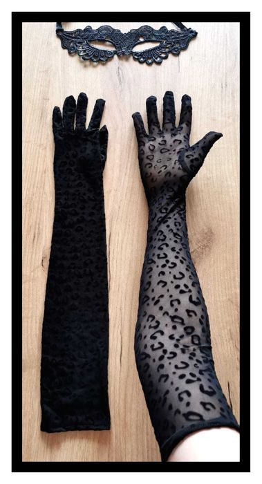 Zestaw: Rękawiczki w panterkę i koronkowa maska (uniwers.) #czarne