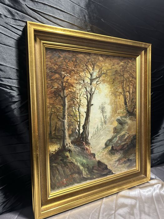 Obraz – pejzaż – olej na desce – złota drewniana rama