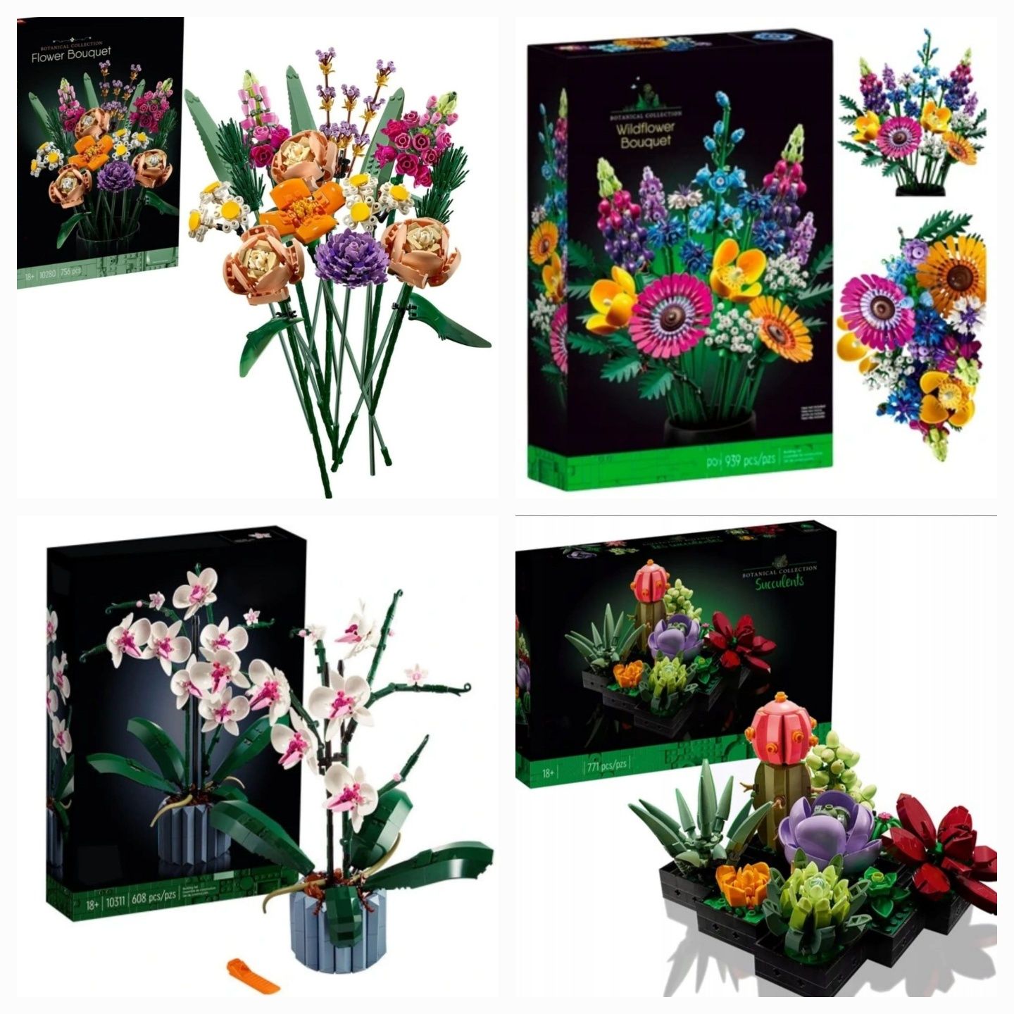 4 klocki Botanicals kwiaty orchidea bukiet polnych kwiatów sukulenty