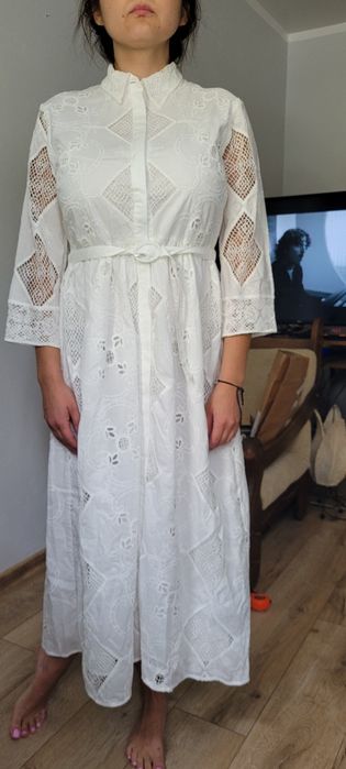Sukienka długa Zara biała z haftem rozmiar L nowa z metką bawełniana