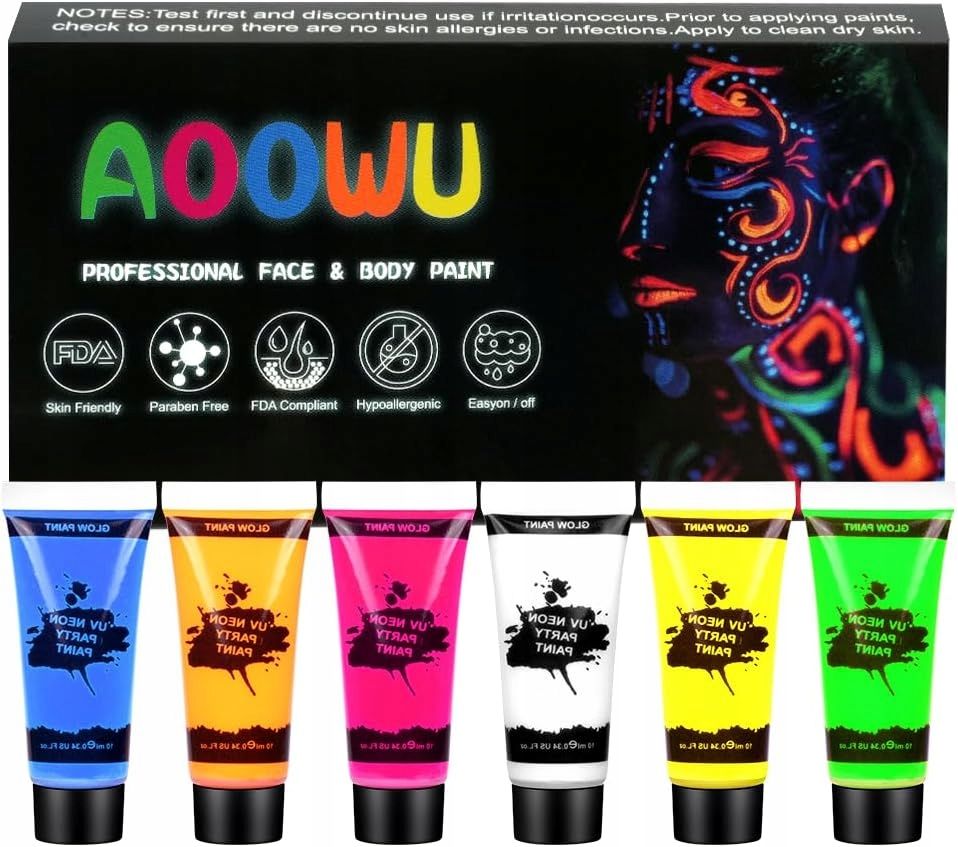 Farby Do Twarzy Ciała Świecące W Uv 6X10Ml Tuby Ultrafiolecie Farbki