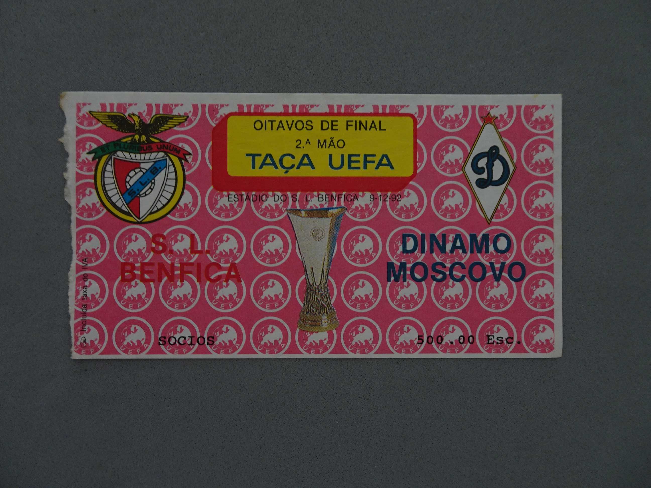 Bilhete futebol Benfica Dinamo Moscovo Taça UEFA 1992