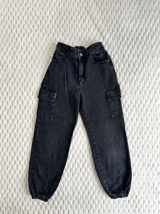 Spodnie 146/152 jogger cargo bojówki Czarne jeansowe_szeroka nogawka