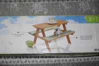 Ławka, stolik ogrodowy dla dzieci drewniany +2 poduszki kolorowe