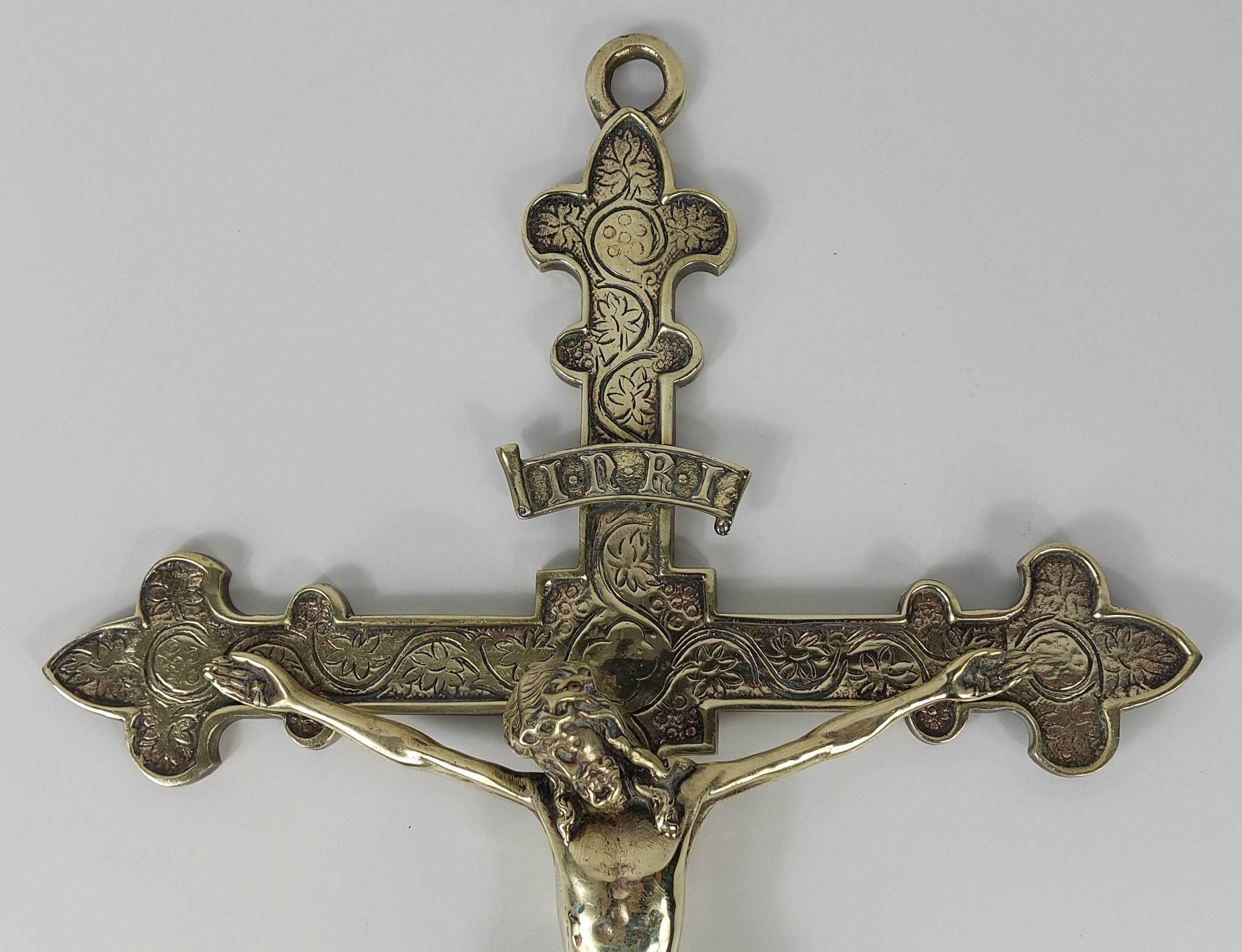 stary wielki ( 50 cm ) stylowy mosiężny krzyż wiszący - Francja