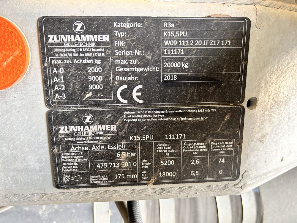 Zunhammer 15500l, 2018 rok, Pierwszy właściciel, Fv VAT 23%