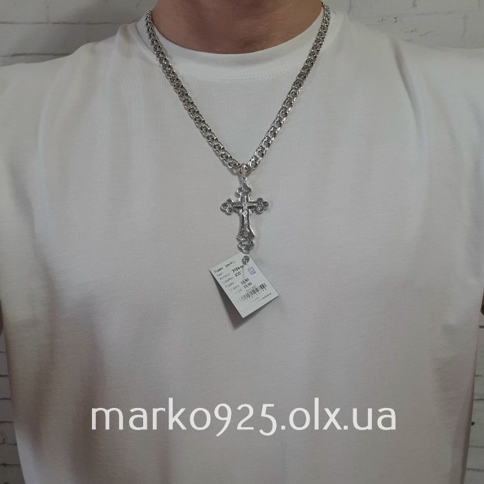 Чоловіча срібна цепочка з хрестиком ланцюжок Бісмарк 925 проба