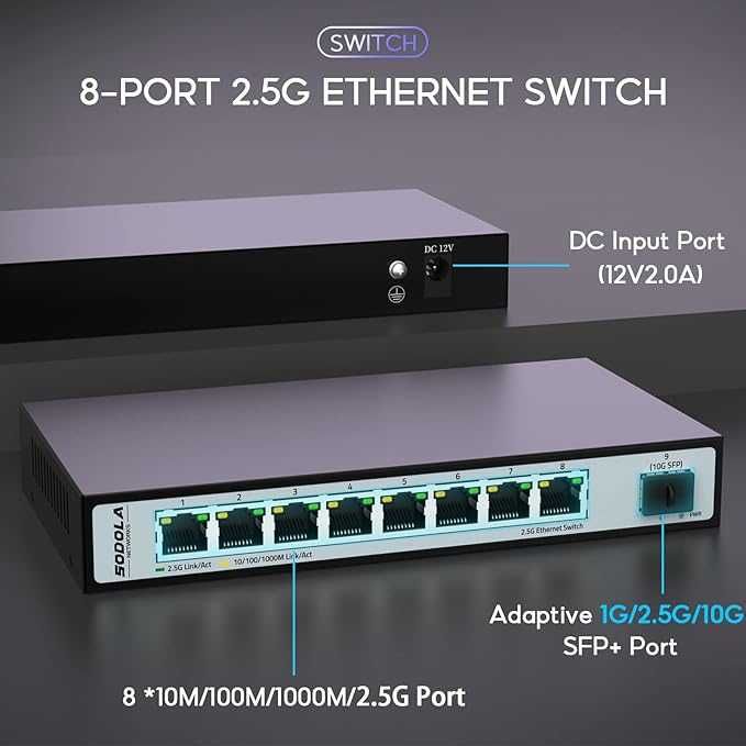 Switch 8-portowy Ethernet 2,5 G z 10G SFP +, pojemność 60 Gb/s