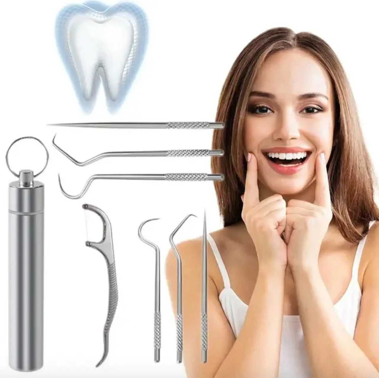 Набор инструментов для чистки зубов 7 шт. в металлическом тубусе