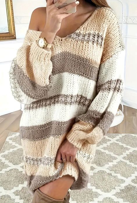 NOWY długi sweter/sukienka r. 5 XL - puszysta dzianina w paski