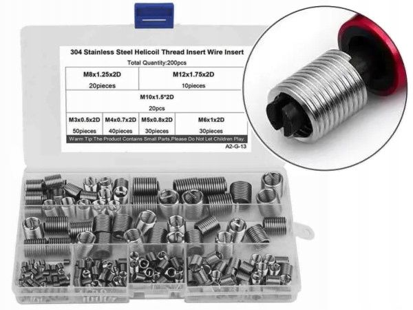 200szt Sprężynowe Wkładki Naprawcze Gwintów M3 M4 M5 M6 M8 M10 M12 Hel