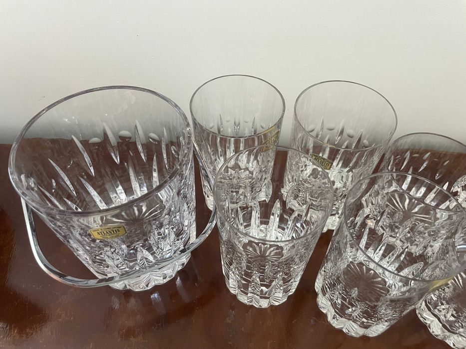 Cristal Atlantis: 4 Whiskey, 4 altos; recipiente para gelo, novos