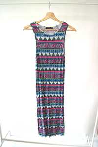 niebieska aztecka mini midi sukienka prosta letnia na lato M L wewzory