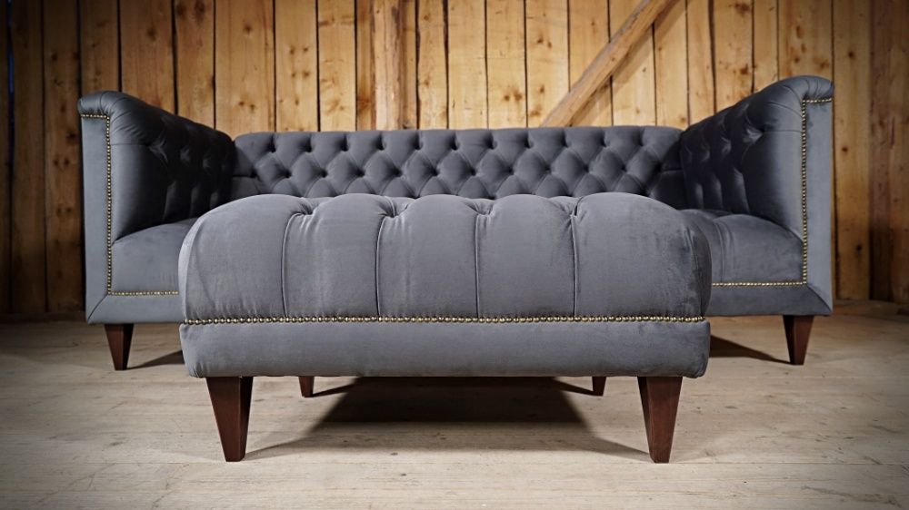 Sofa Kanapa Na Wymiar Chesterfield + Pufa Popiel Szara Retro PRL Loft