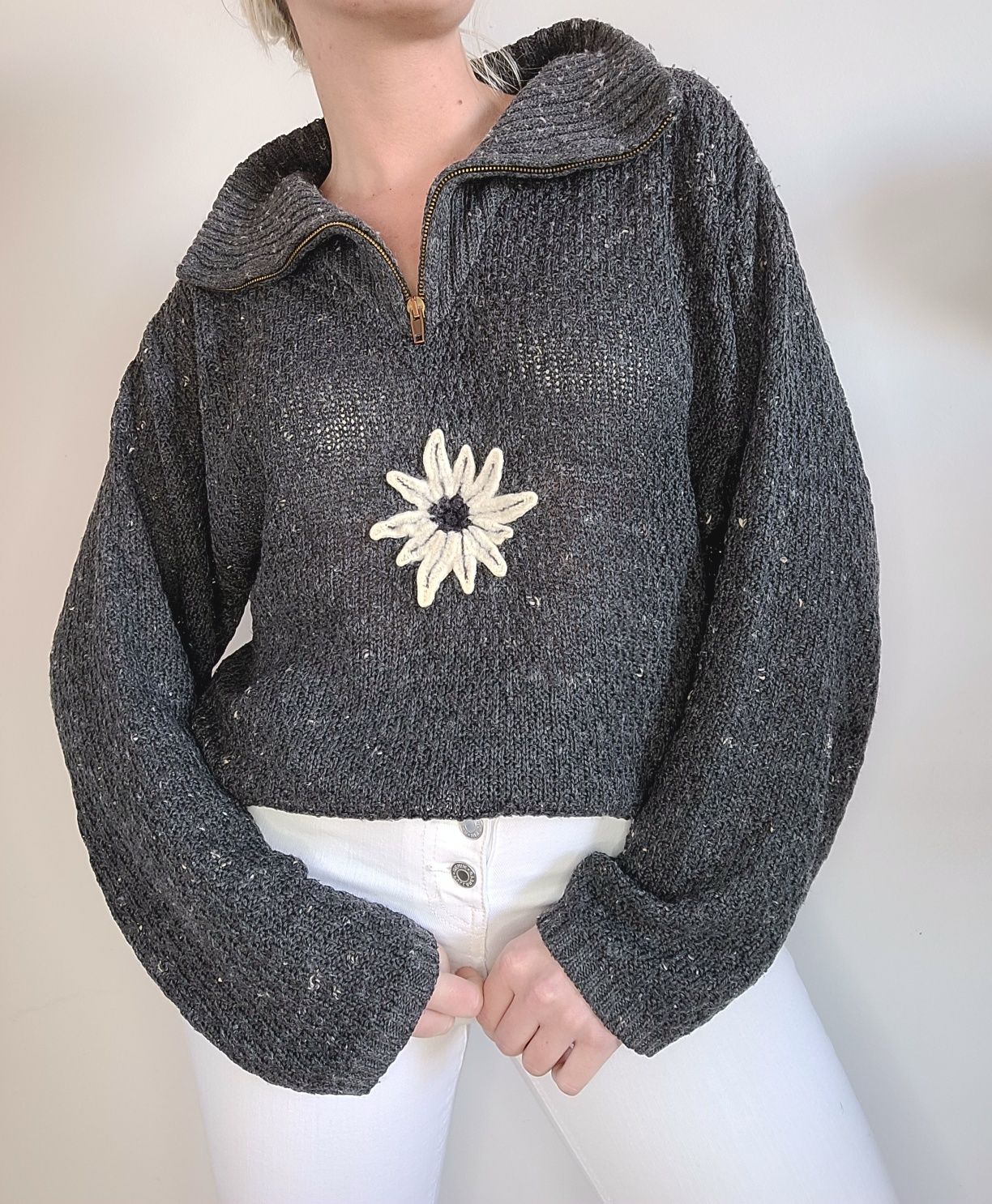 Szary wełniany sweter oversize kwiaty zip kołnierzyk unikat vintage