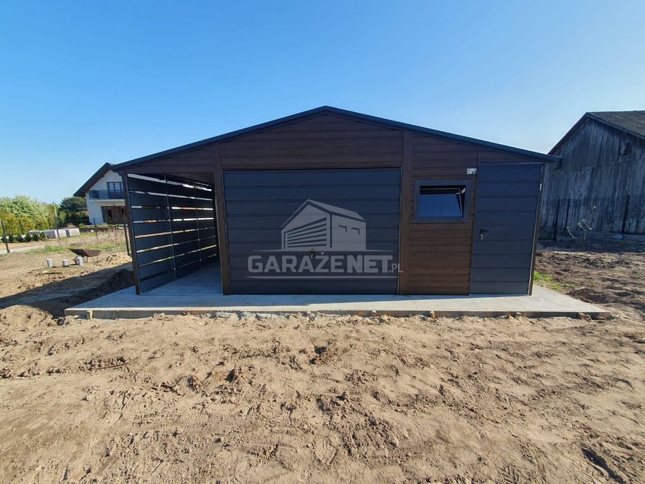 GARAŻ BLASZANY 5X6 + Wiata 1,5X6 Brama Uchylna Okno Drzwi Rynny GB428