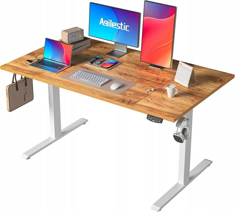 Biurko Komputerowe Elektryczne Agilestic 140 x 80 x 72 cm biały, brąz