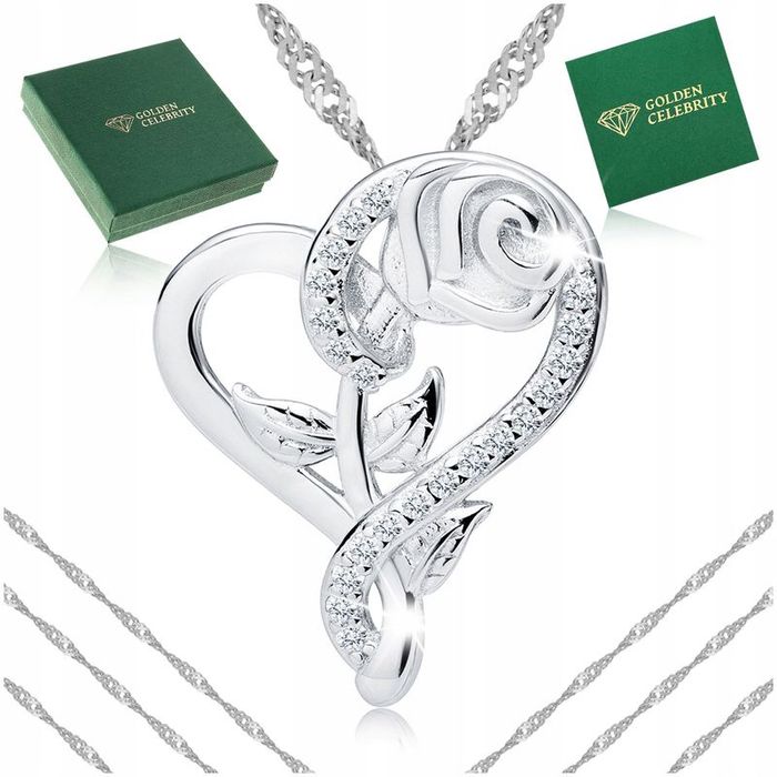 Srebrny Naszyjnik Serce Z Różą Próba 925 Łańcuszek Zawieszka 50 Cm Pre