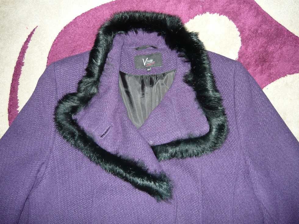 Elegancki płaszcz płaszczyk 44 XL fioletowy wełna XXL z paskiem