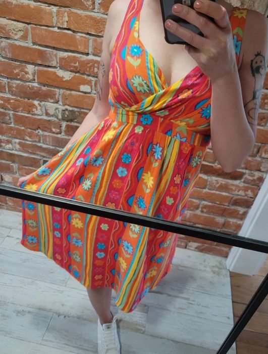 Kolorowa sukienka w kwiaty bawełna 70s unikat hippie vintage