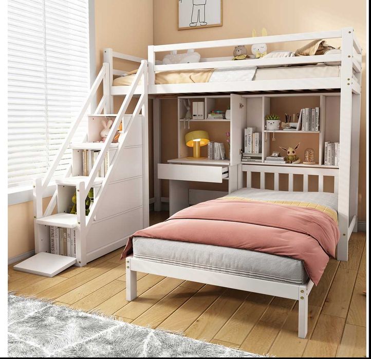 Łóżko piętrowe podwójne dziecięce z biurkiem i półką 2 * 90x200cm
