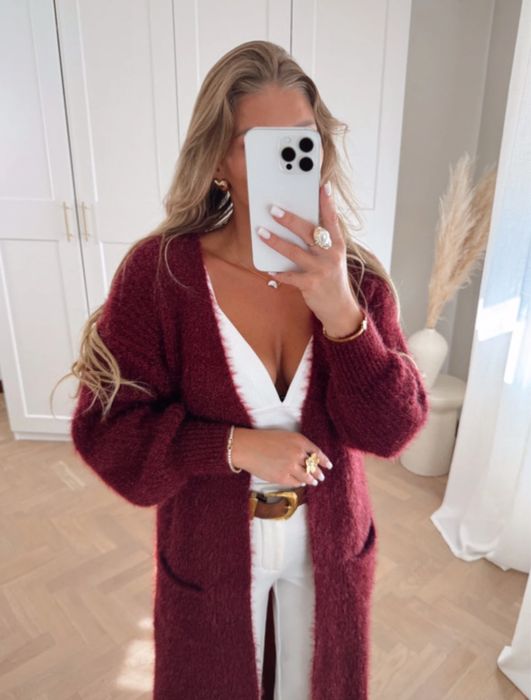 Nowy Kardigan Bordo Italia Italy Włoski wełna wełniany moher