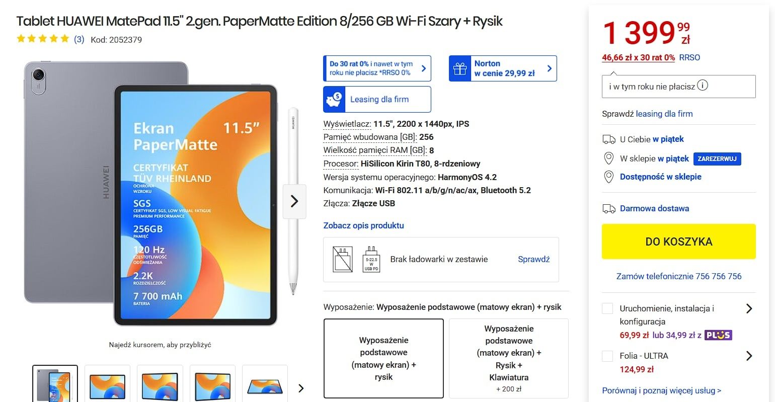 Tablet Huawei MatePad 11.5 - Matowy ekran plus rysik