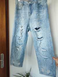 Spodnie jeansy perełki koraliki dżinsy boyfriend