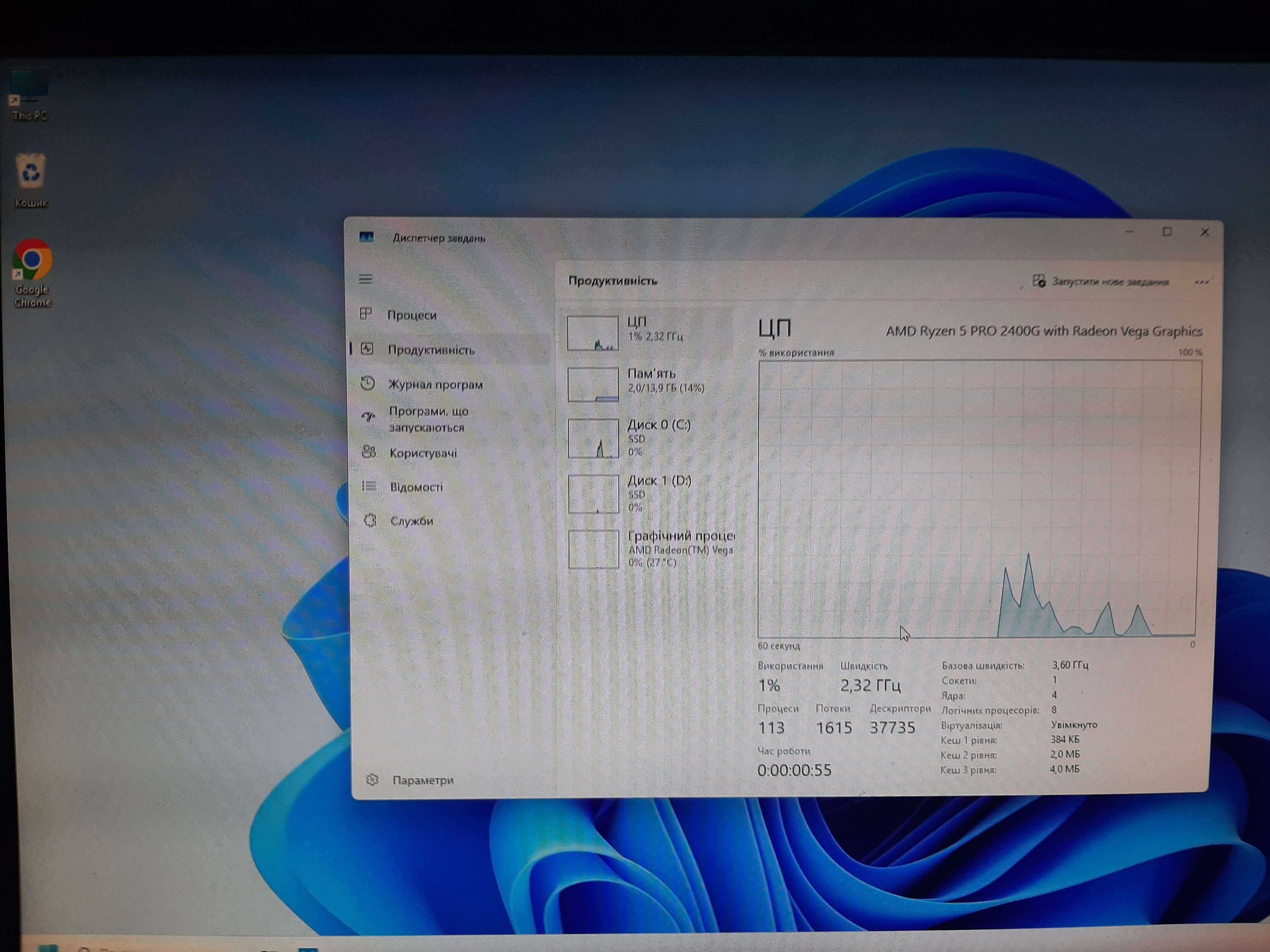Готовий ПК Ryzen 5 2400g, ОЗП DDR 4 16 ГБ, SSD x2 (128, 512 гб) Win 11