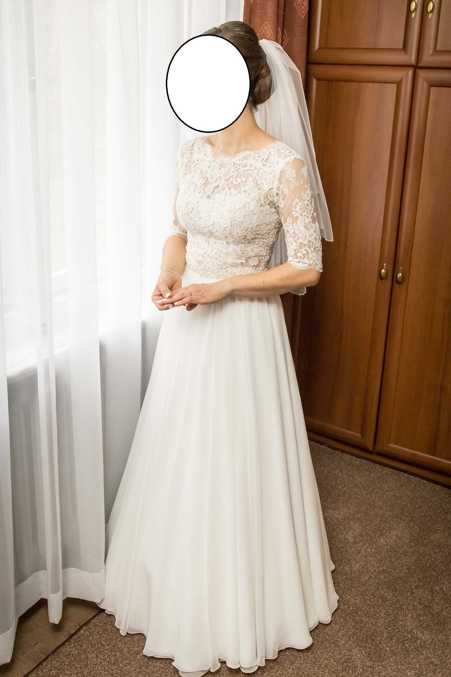 Suknia ślubna z rękawem 1/2 La Perla Sposa Koronka/Koder/Muślin/ 36/38