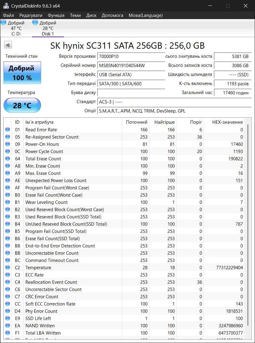 SSD диск SK hynix SC311 256Gb 6G SATA 2.5 HFS256G32TN 100% як нові