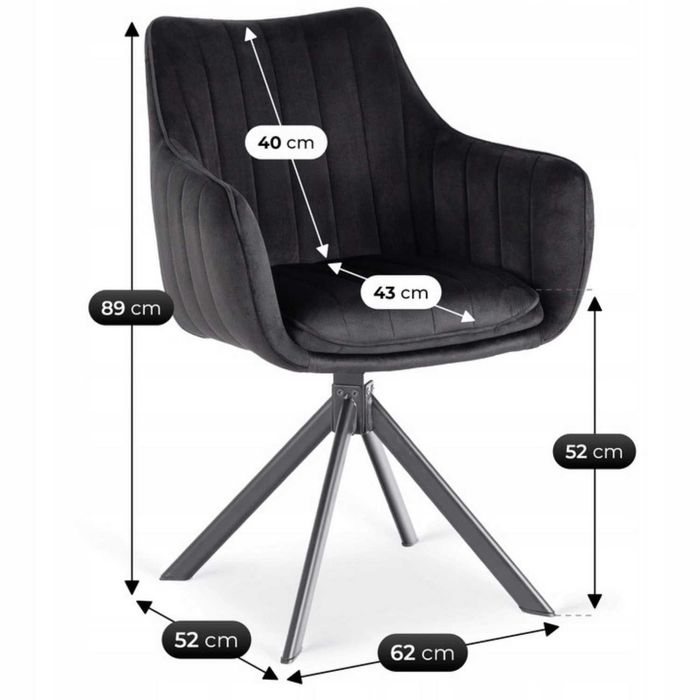 Krzesło do jadalni Obrotowe Welurowe Czarne Pikowane Tapicerowane