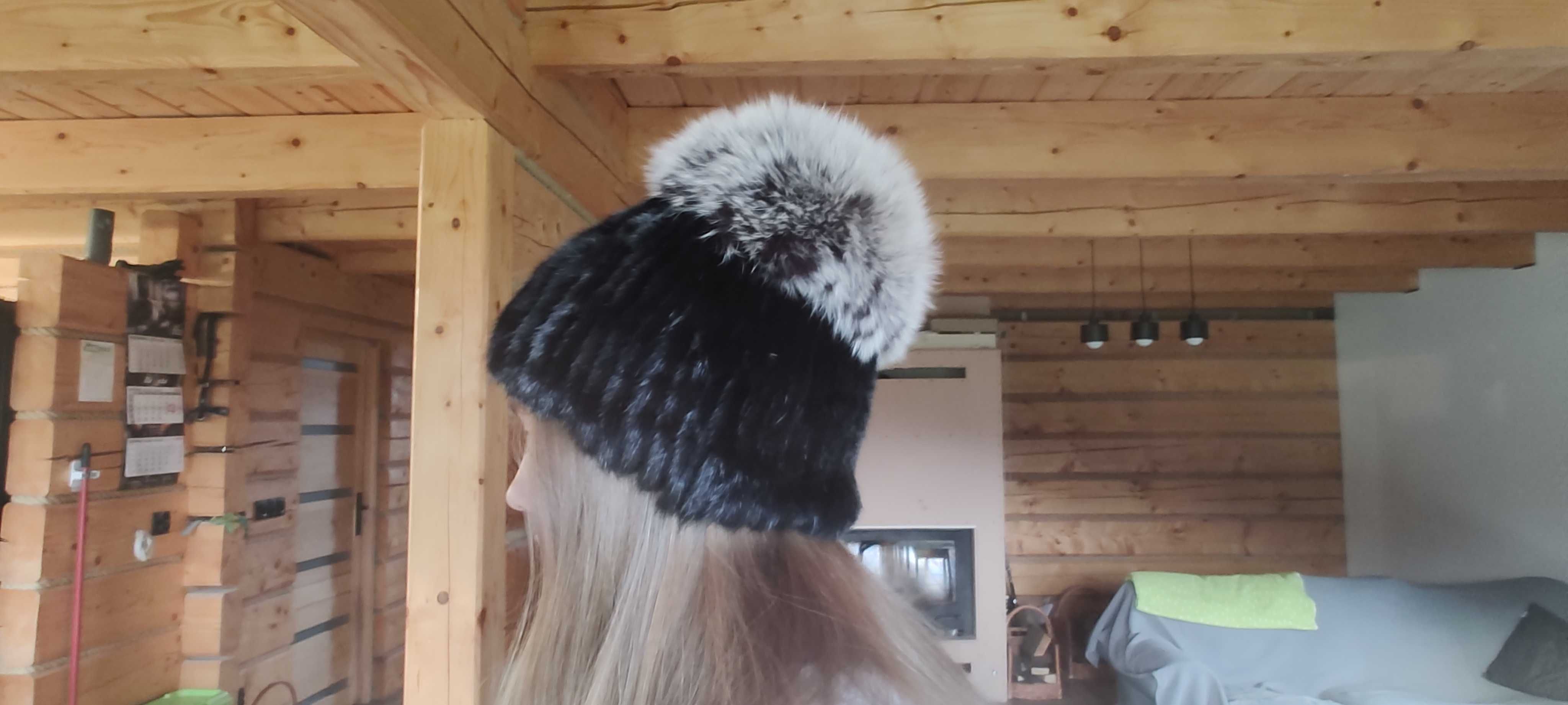 Hit 2023 ! czapka z prawdziwego futra z norek z pomponem z lisa.