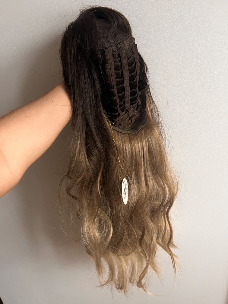 Peruka włosy długie grzywka chłodne blond ombre brąz nowa popielate