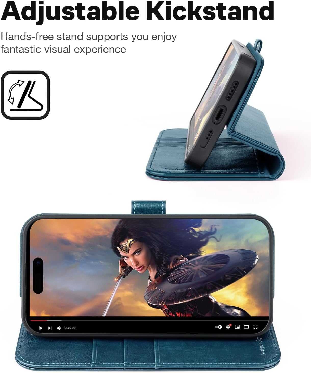 Ocase etui skórzane iPhone 15 Pro stojak magsafe portfel niebieskie