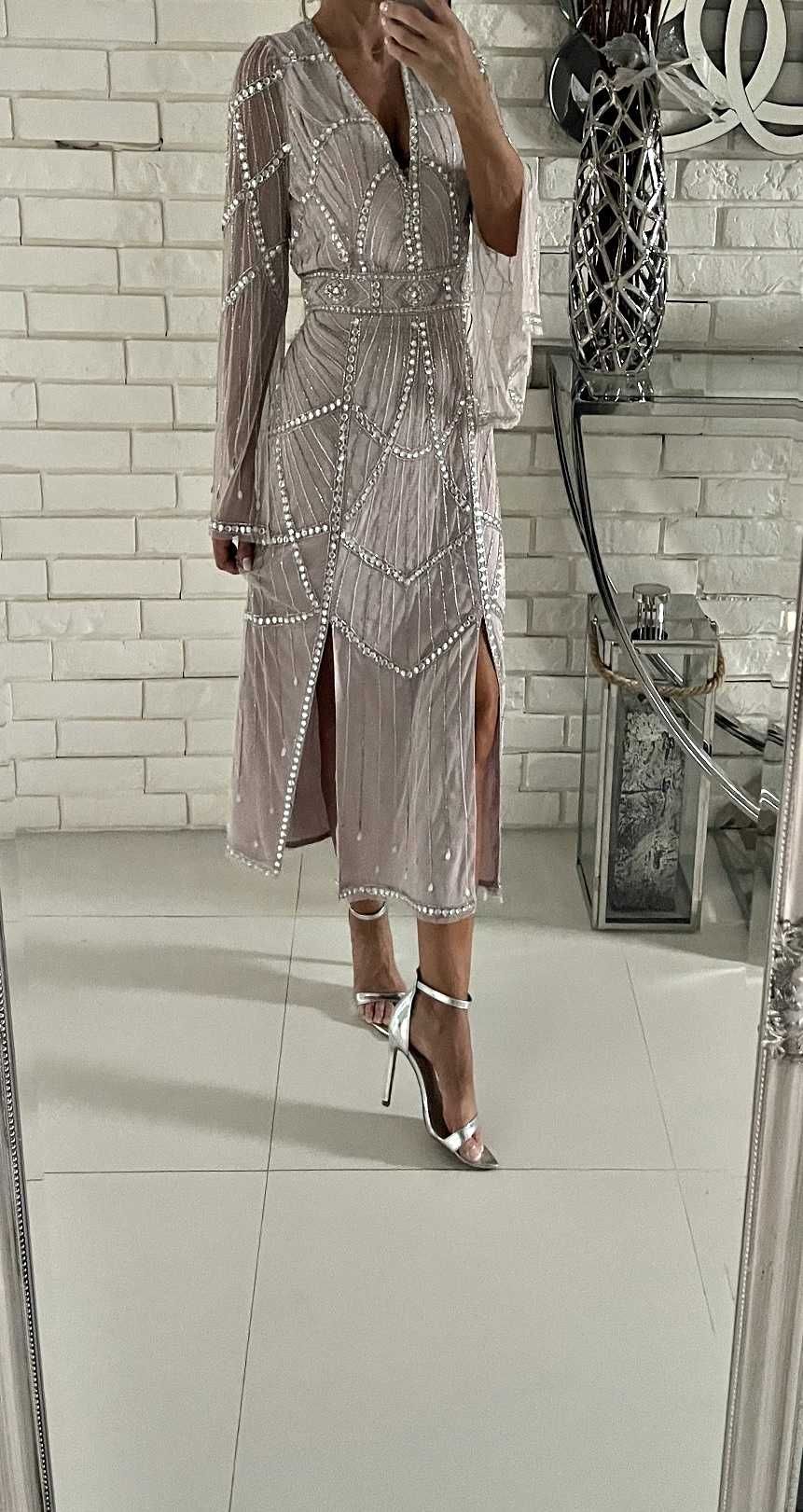 Ekskluzywna piękna sukienka midi XS asos wesele ślub cudo