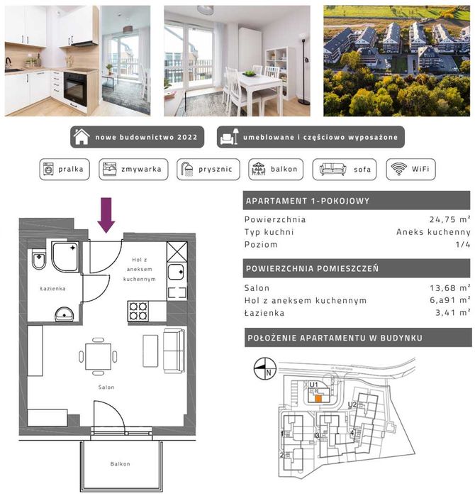 Jasne studio z balkonem - Bright studio with a balcony - 24,75 m2/sqm