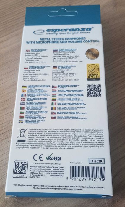 słuchawki douszne z mikrofonem i regulacją głośności Esperanza nowe!!