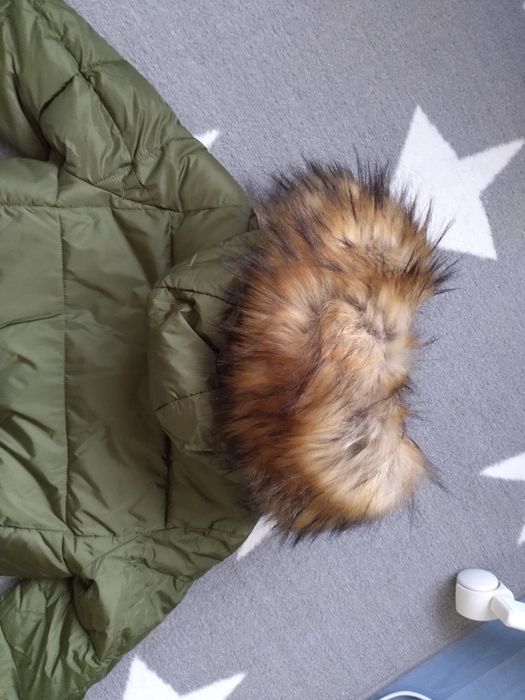 Kurtka płaszcz zimowy asymetryczny sztuczny jenot khaki S