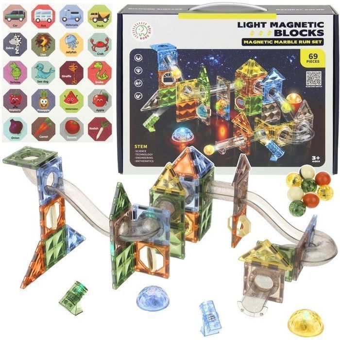 Klocki Magnetyczne Konstrukcyjne Świecące Tor Kulkowy Kulodrom Panele