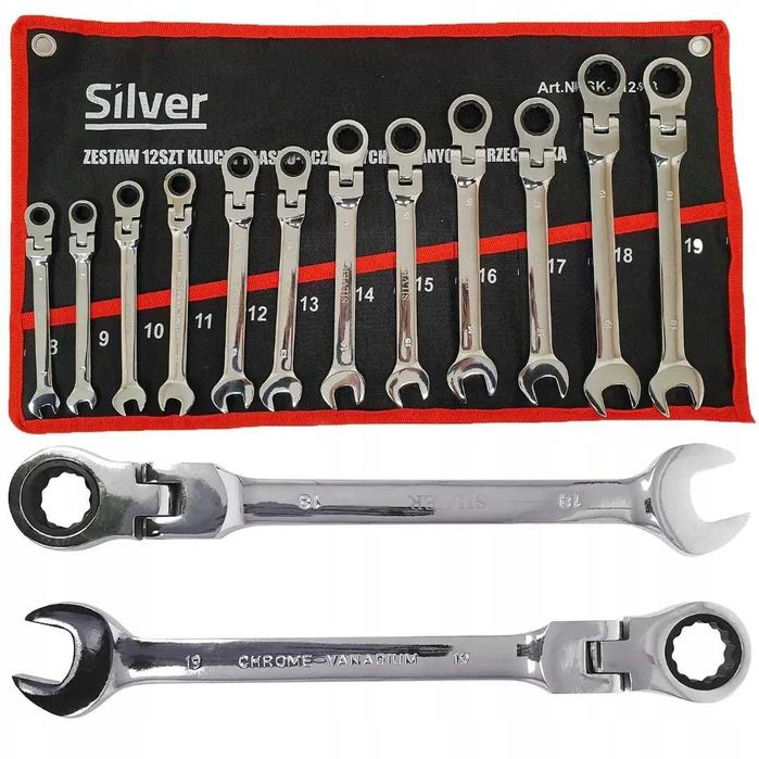 Набір ріжково-накидних ключів з тріскачкою шарнірні Silver 12шт 8-19мм