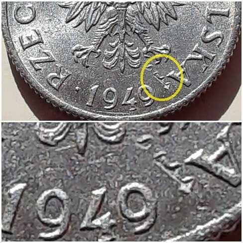 Moneta 1 grosz 1949 destrukt menniczy z runą Fehu zamiast kropki