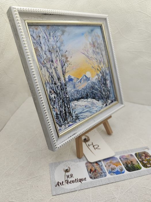 Новорічний декор, картина "Зимовий пейзаж" 17х17см, в рамці, олія.