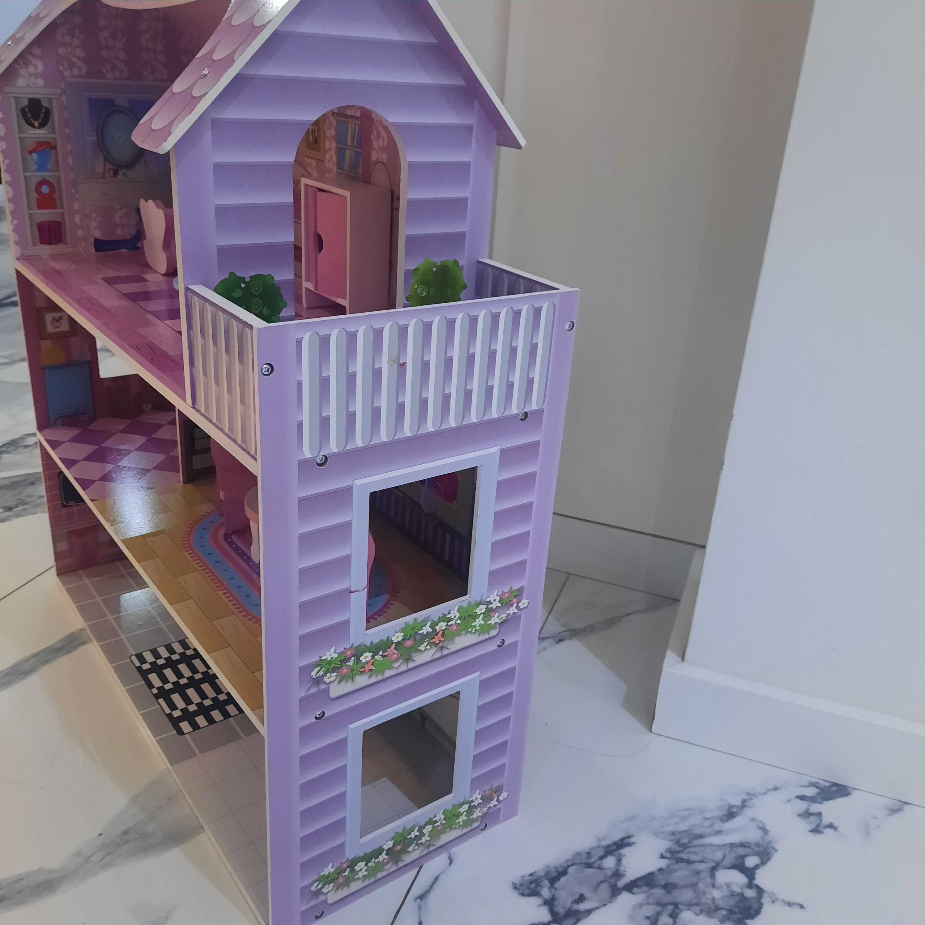 Duży drewniany domek dla lalek mdf różowy + meble idealny