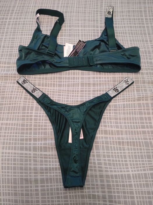 Komplet Victoria's Secret M biustonosz M stringi ciemnozielony