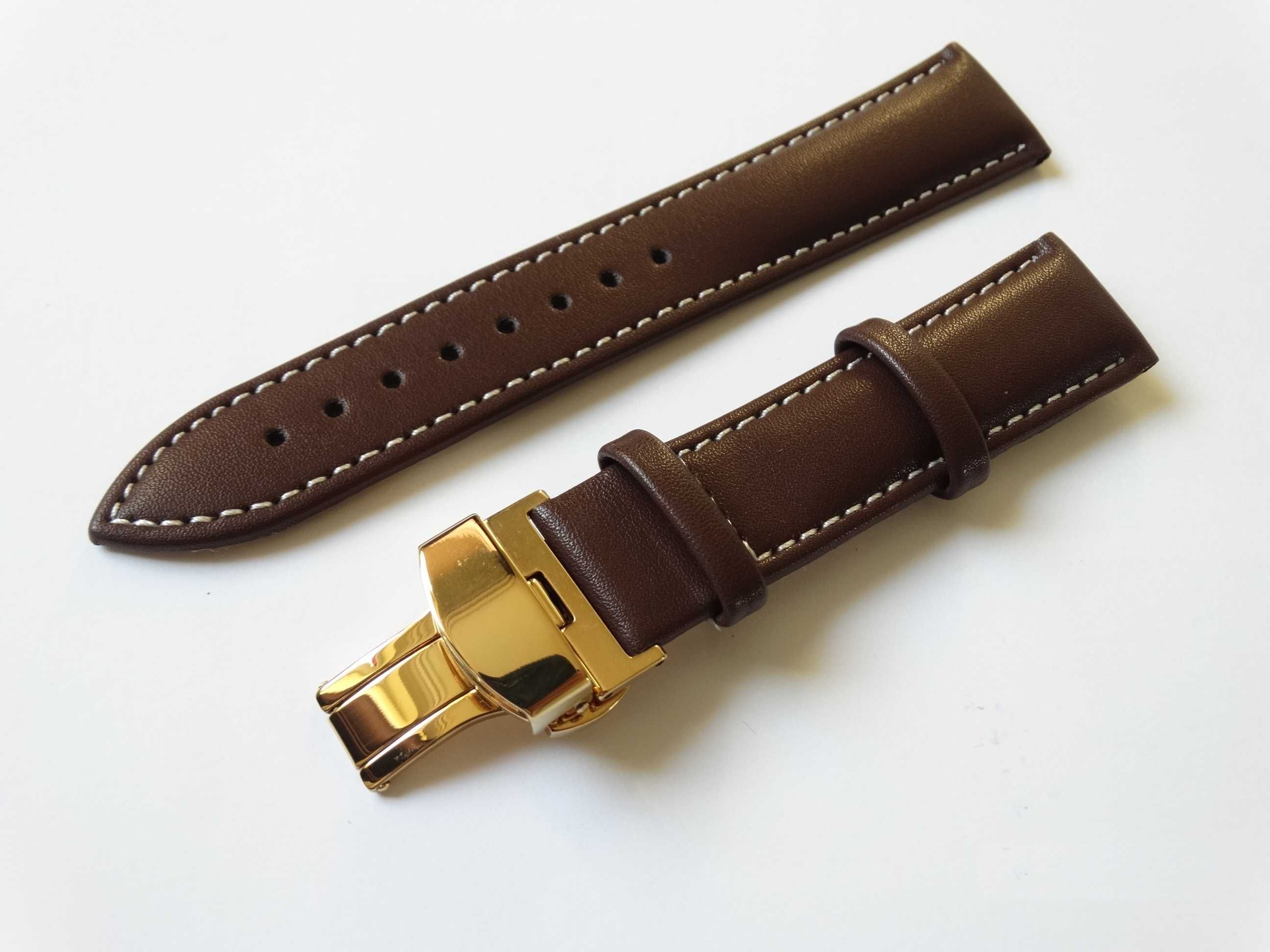 Pasek skórzany gładki 22mm brązowy do zegarka klamra motylkowa złota