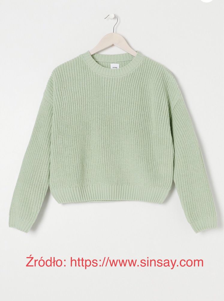 Miętowy dzianinowy sweter ażurowy splot Sinsay S